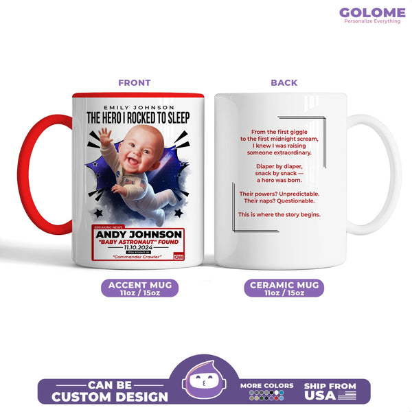 Personalized Baby Astronaut Mug – Custom Name, Photo & Hero Story for Mom – “Commander Crawler” Gift